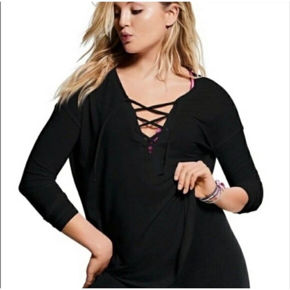 Victorias Secret Pink Super Soft Tie Bust Black Stretchy V-Neck Top Size  Medium